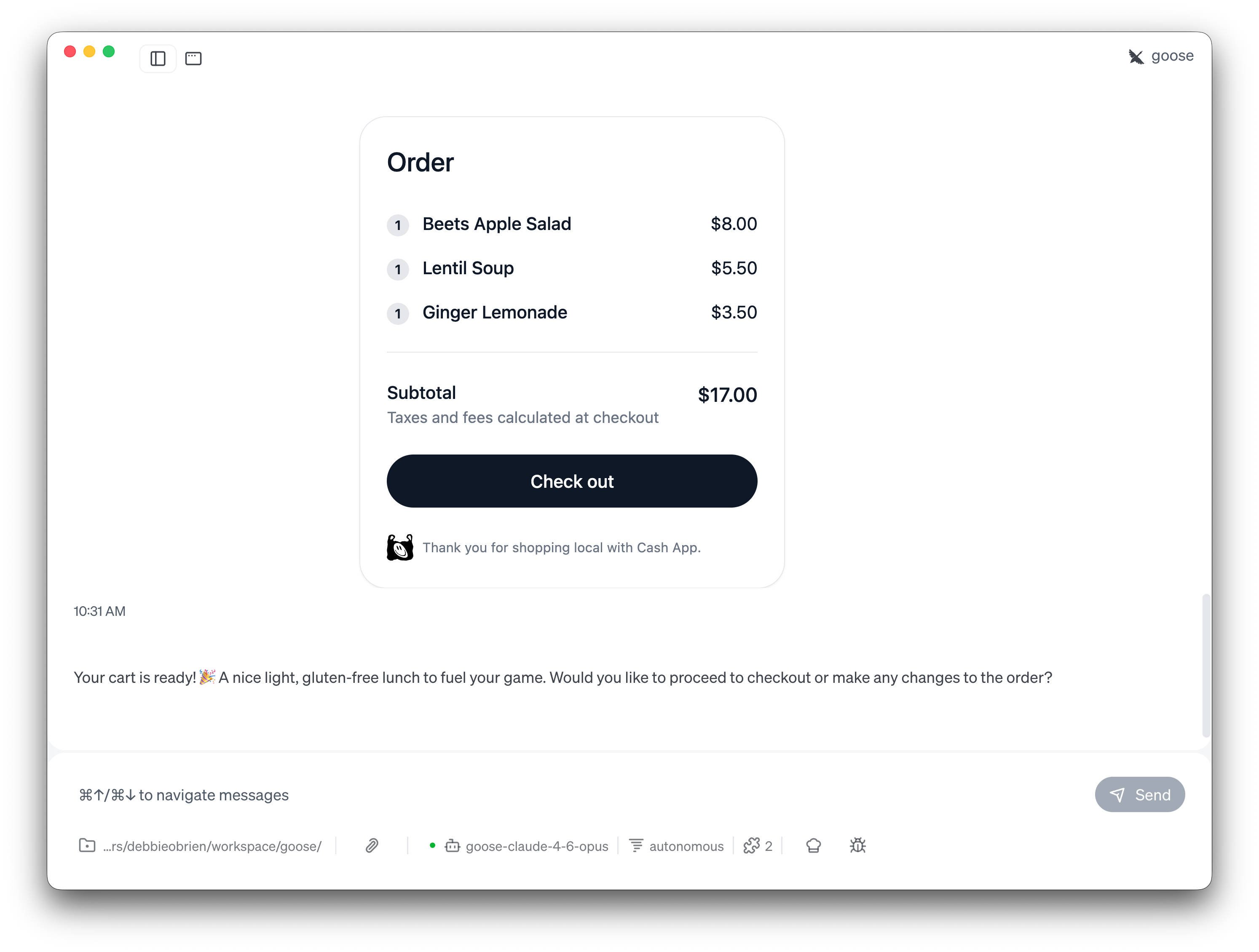 Order summary with items, subtotal, and checkout button